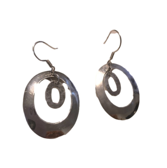 VTG Sterling Silver Double Oval Hammered Hoop Dangle Statement Earrings 2.2” - Picture 2 of 5